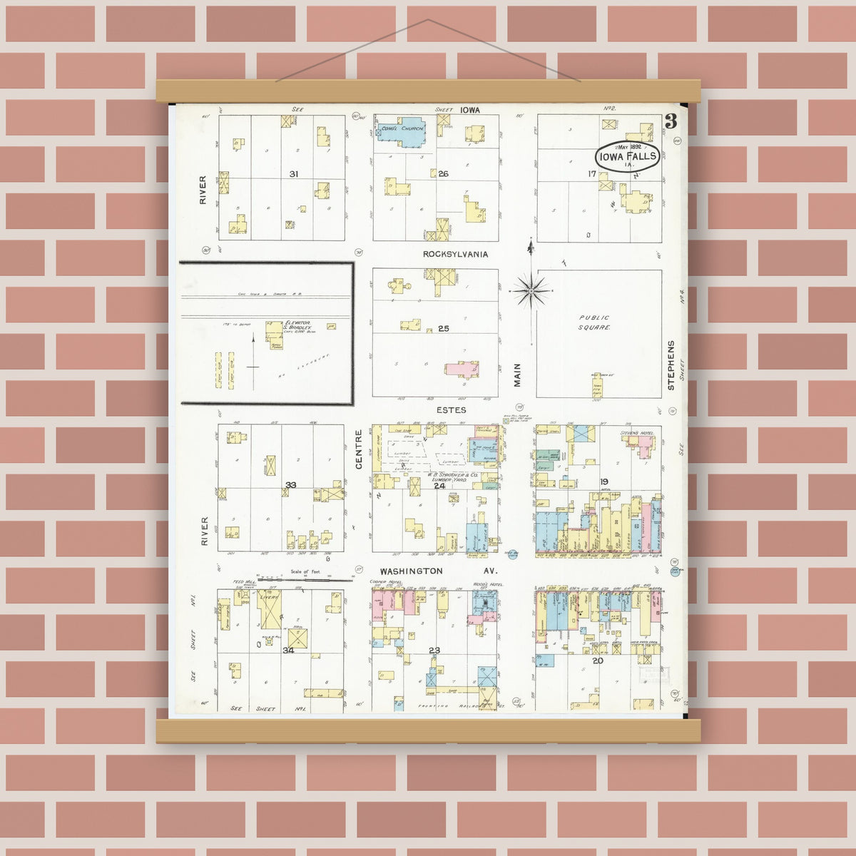 Old map wall art mockup — magnetic wood frame on brick wall — Sanborn Fire Insurance Map from Iowa Falls, Hardin County, Iowa (1892), Sheet #0003