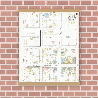 Old map wall art mockup — magnetic wood frame on brick wall — Sanborn Fire Insurance Map from Iowa Falls, Hardin County, Iowa (1892), Sheet #0003