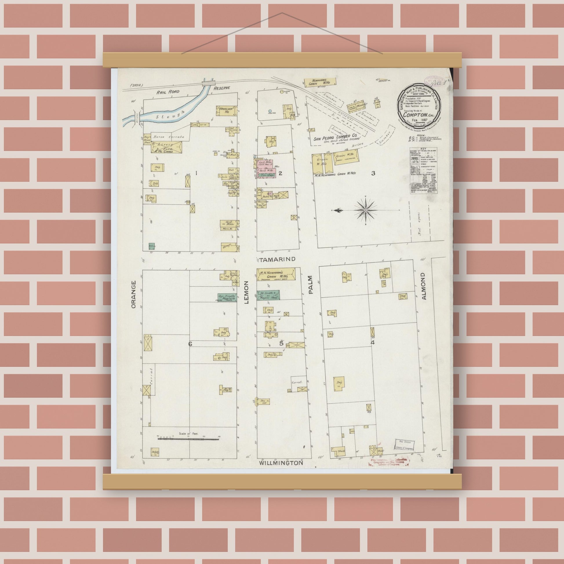 Old map wall art mockup — magnetic wood frame on brick wall — Sanborn Fire Insurance Map from Compton, Los Angeles County, California (1887), Sheet #0001