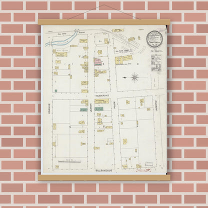 Old map wall art mockup — magnetic wood frame on brick wall — Sanborn Fire Insurance Map from Compton, Los Angeles County, California (1887), Sheet #0001