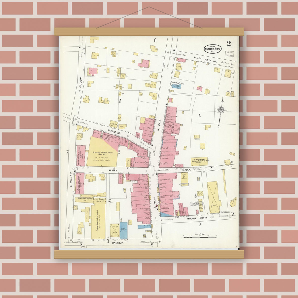 Old map wall art mockup — magnetic wood frame on brick wall — Sanborn Fire Insurance Map from Mount Airy, Surry County, North Carolina (1916), Sheet #0002