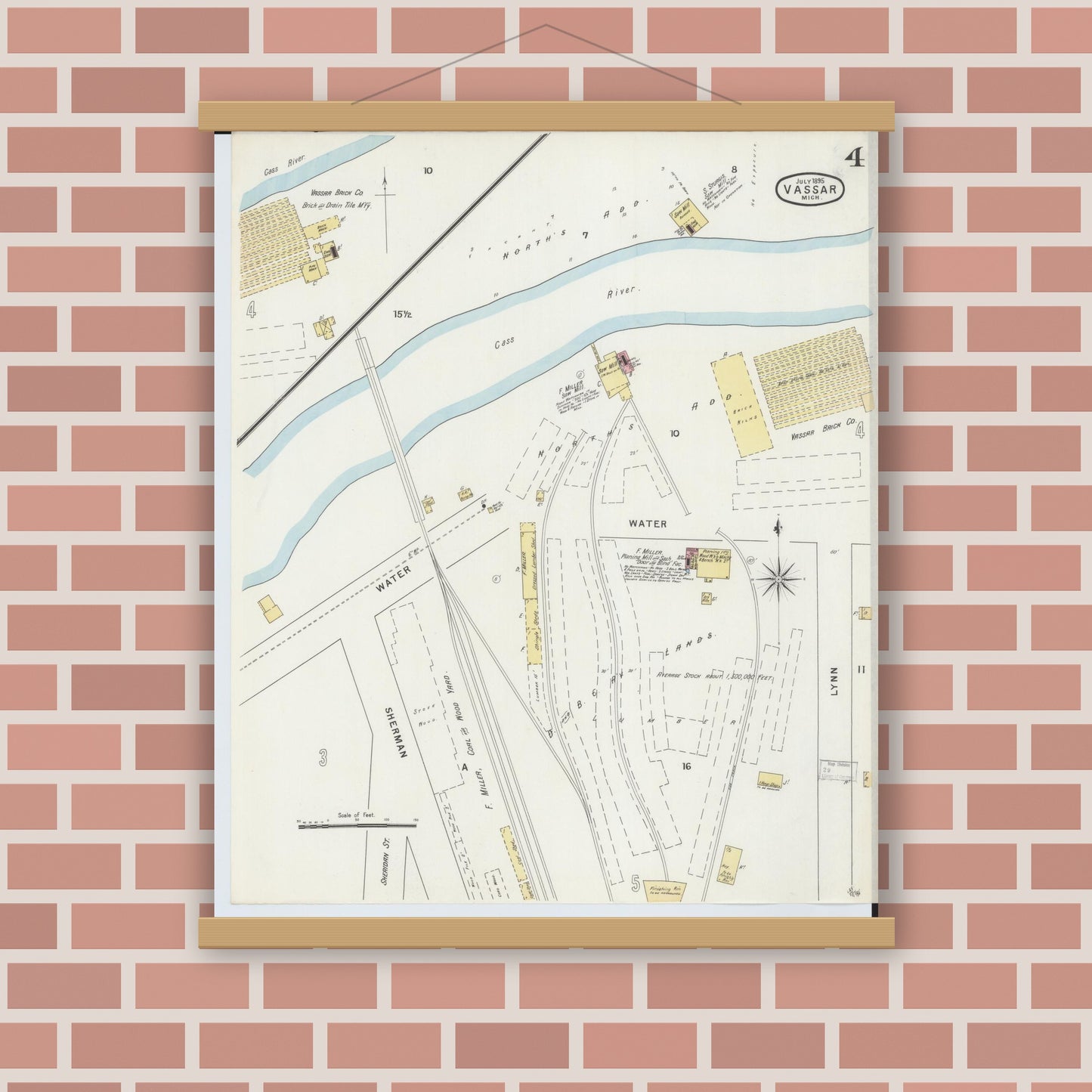Old map wall art mockup — magnetic wood frame on brick wall — Sanborn Fire Insurance Map from Vassar, Tuscola County, Michigan (1895), Sheet #0004