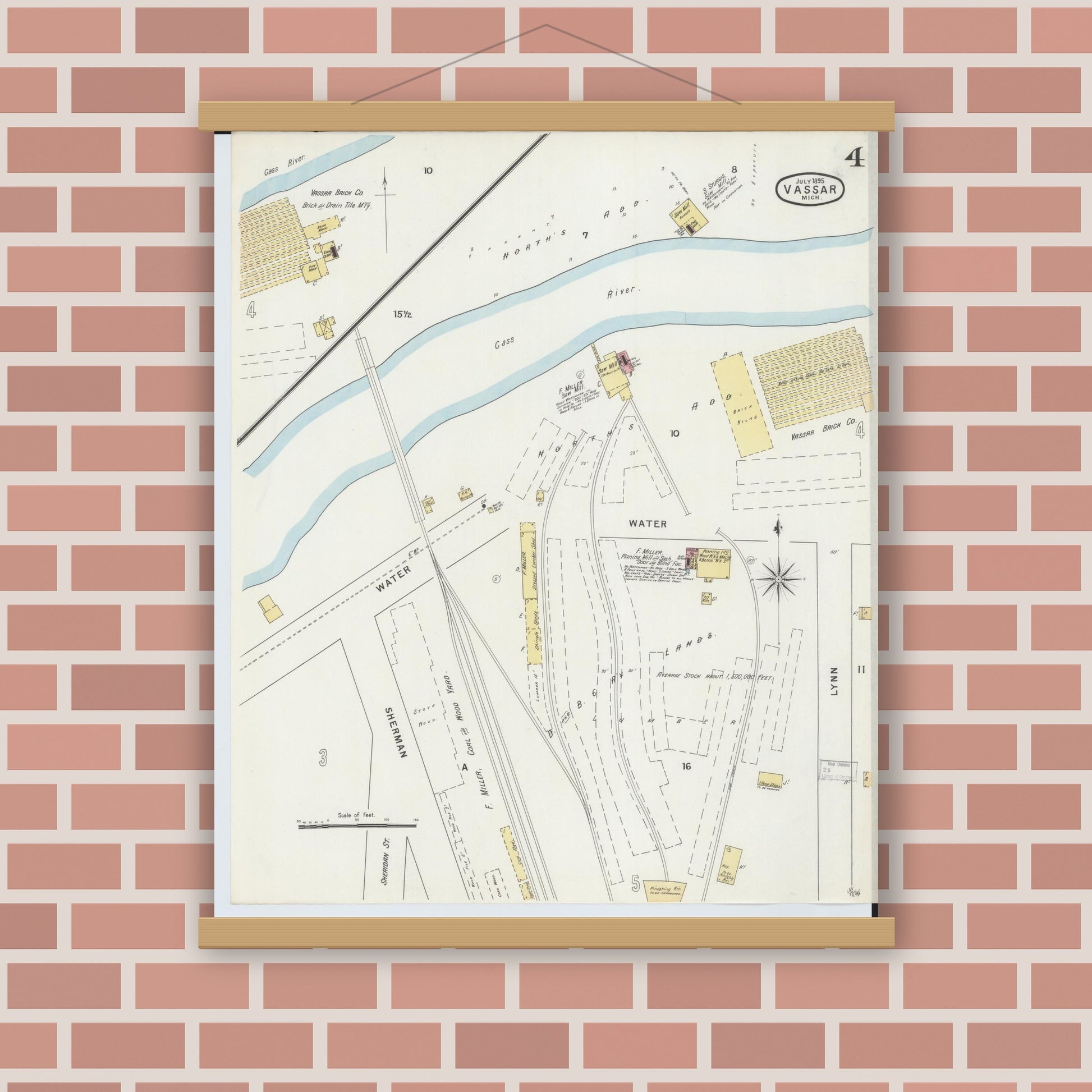 Old map wall art mockup — magnetic wood frame on brick wall — Sanborn Fire Insurance Map from Vassar, Tuscola County, Michigan (1895), Sheet #0004