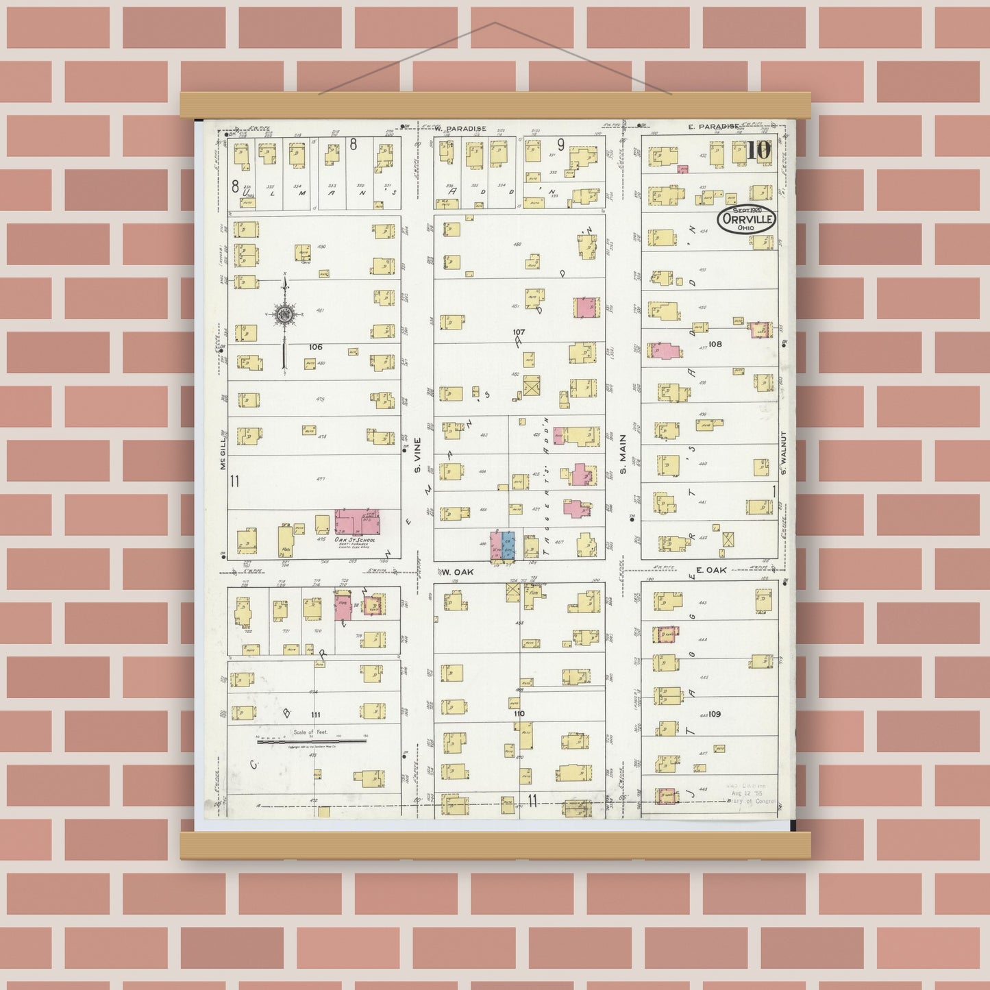 Old map wall art mockup — magnetic wood frame on brick wall — Sanborn Fire Insurance Map from Orrville, Wayne County, Ohio (1920), Sheet #0010