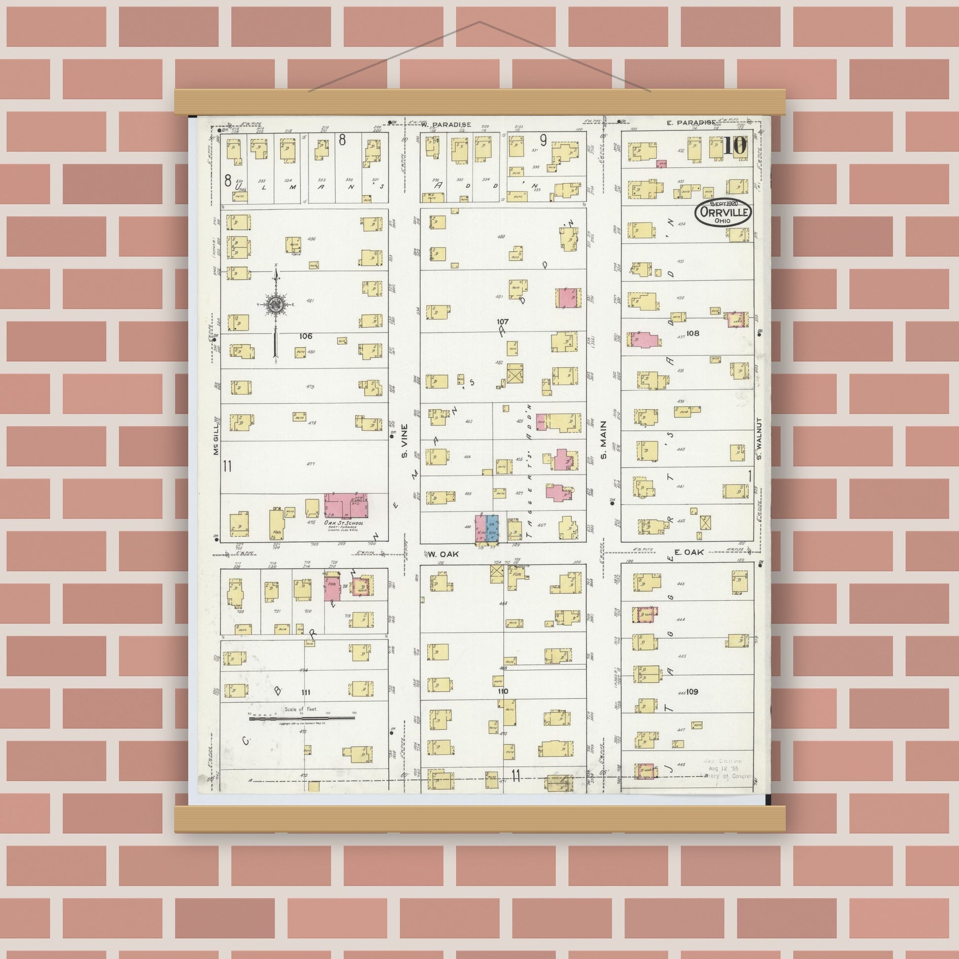 Old map wall art mockup — magnetic wood frame on brick wall — Sanborn Fire Insurance Map from Orrville, Wayne County, Ohio (1920), Sheet #0010
