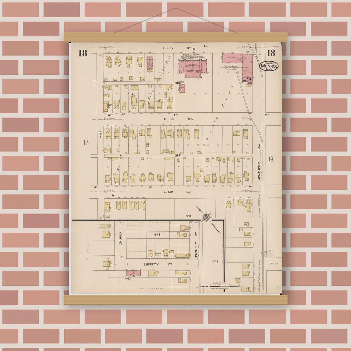 Old map wall art mockup — magnetic wood frame on brick wall — Sanborn Fire Insurance Map from Monroe, Monroe County, Michigan (1922), Sheet #0018