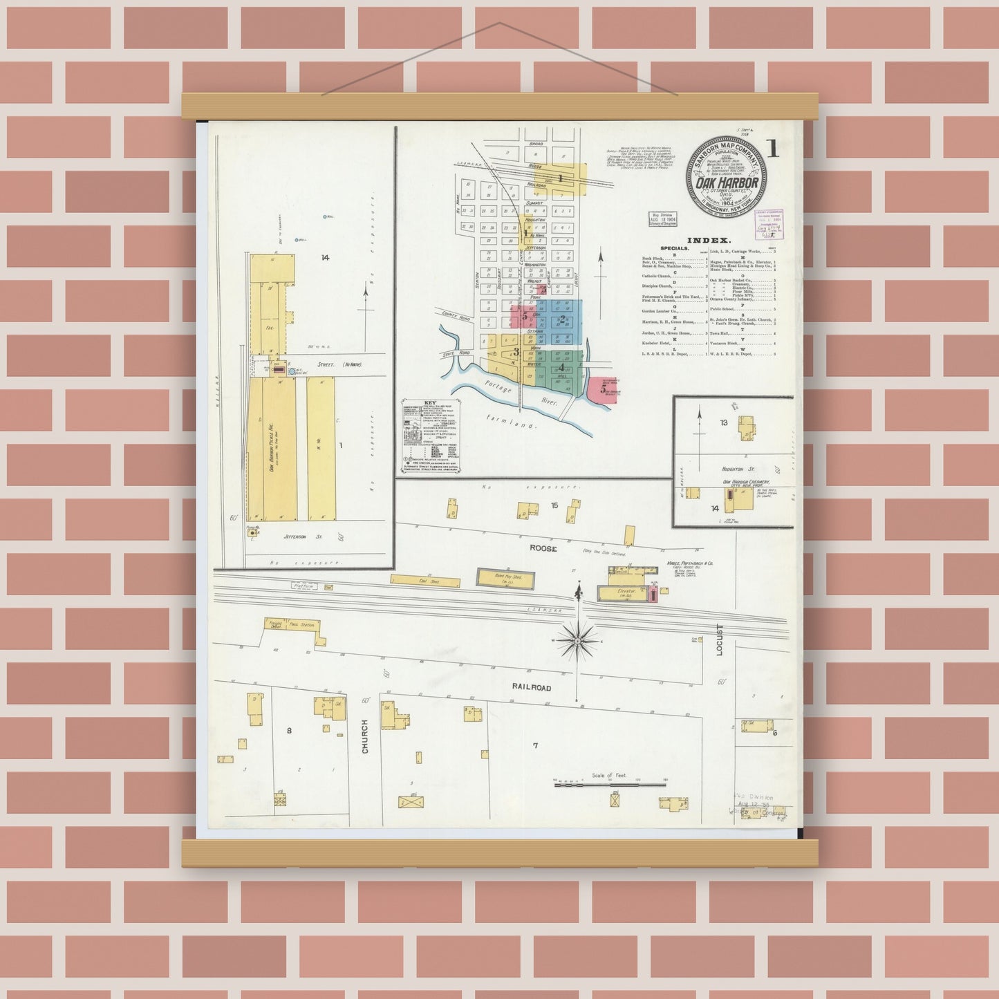 Old map wall art mockup — magnetic wood frame on brick wall — Sanborn Fire Insurance Map from Oak Harbor, Ottawa County, Ohio (1904) - Complete Map Set