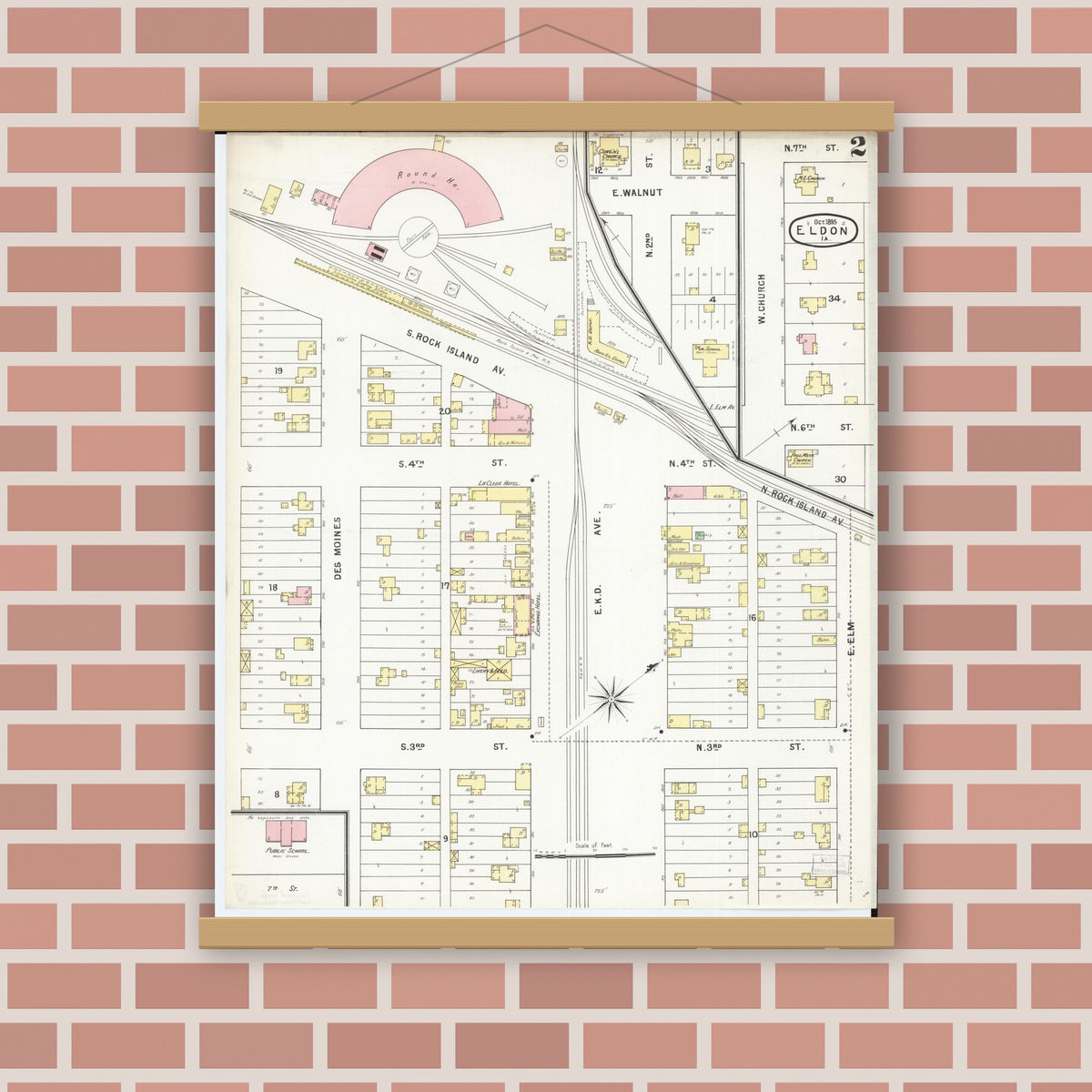 Old map wall art mockup — magnetic wood frame on brick wall — Sanborn Fire Insurance Map from Eldon, Wapello County, Iowa (1895), Sheet #0002