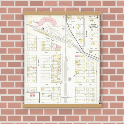 Old map wall art mockup — magnetic wood frame on brick wall — Sanborn Fire Insurance Map from Eldon, Wapello County, Iowa (1895), Sheet #0002