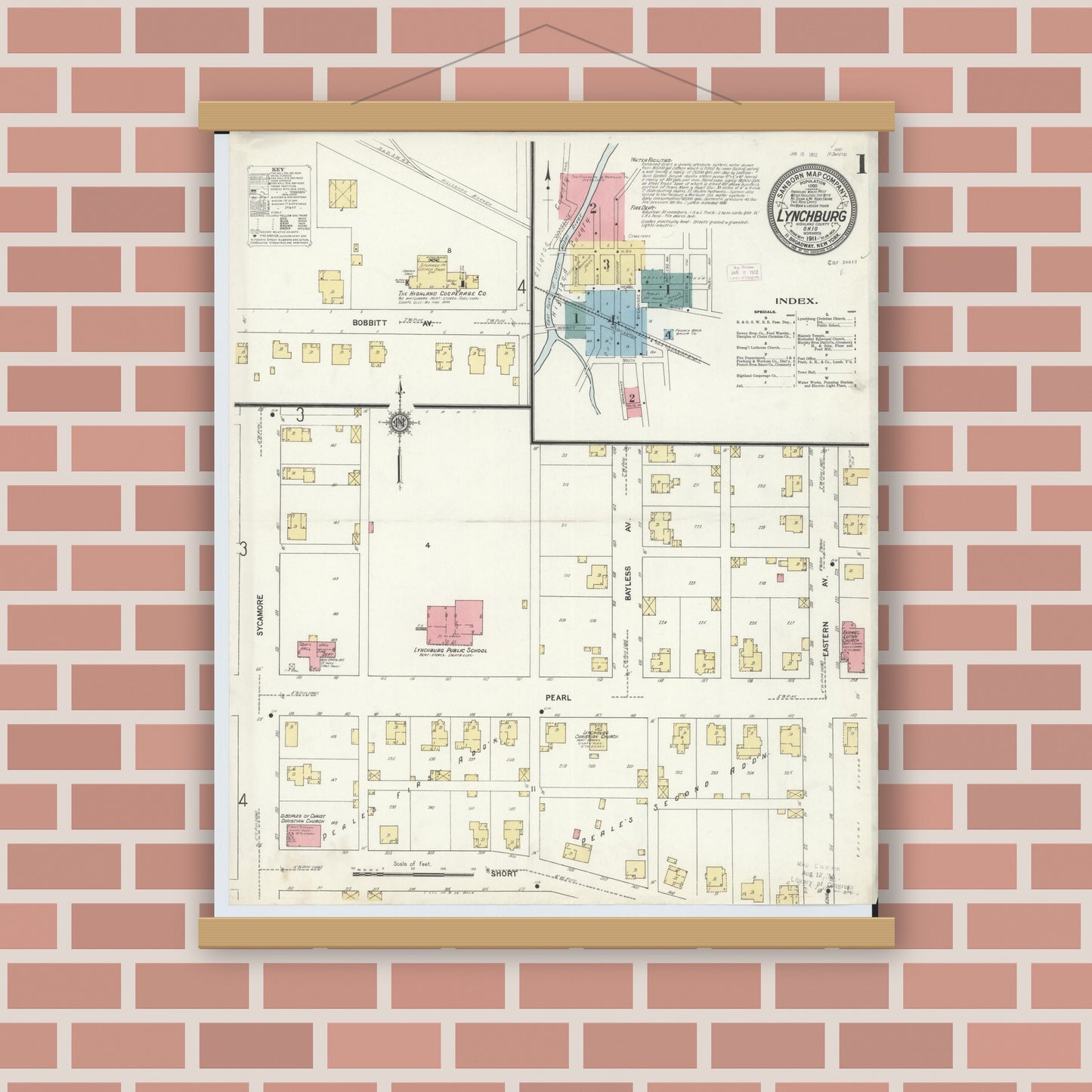 Old map wall art mockup — magnetic wood frame on brick wall — Sanborn Fire Insurance Map from Lynchburg, Highland County, Ohio (1911) - Complete Map Set