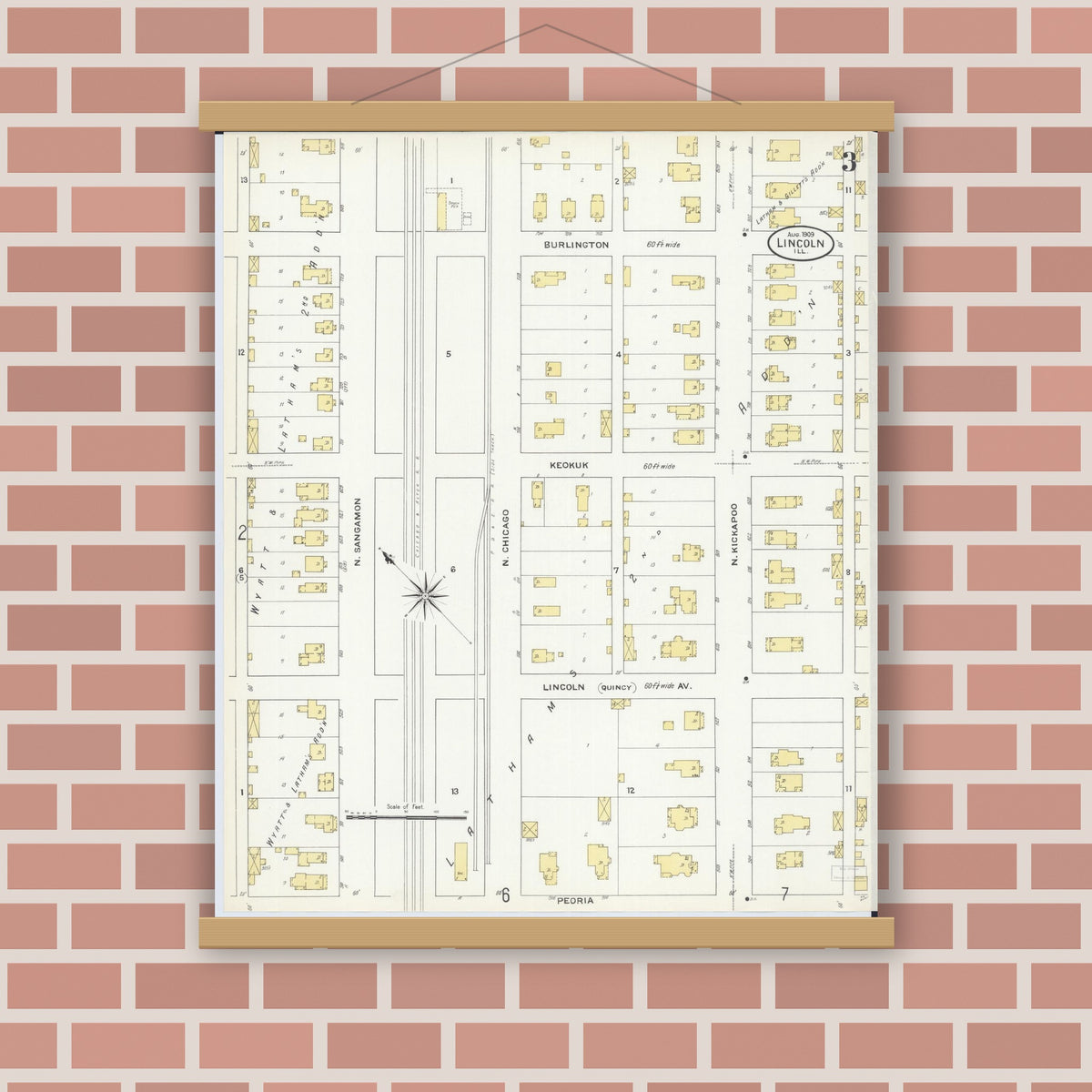 Old map wall art mockup — magnetic wood frame on brick wall — Sanborn Fire Insurance Map from Lincoln, Logan County, Illinois (1909), Sheet #0003