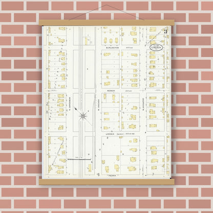 Old map wall art mockup — magnetic wood frame on brick wall — Sanborn Fire Insurance Map from Lincoln, Logan County, Illinois (1909), Sheet #0003