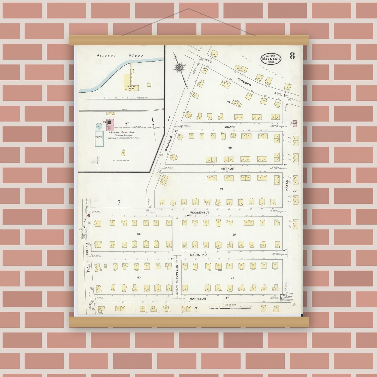 Old map wall art mockup — magnetic wood frame on brick wall — Sanborn Fire Insurance Map from Maynard, Middlesex County, Massachusetts (1910), Sheet #0008