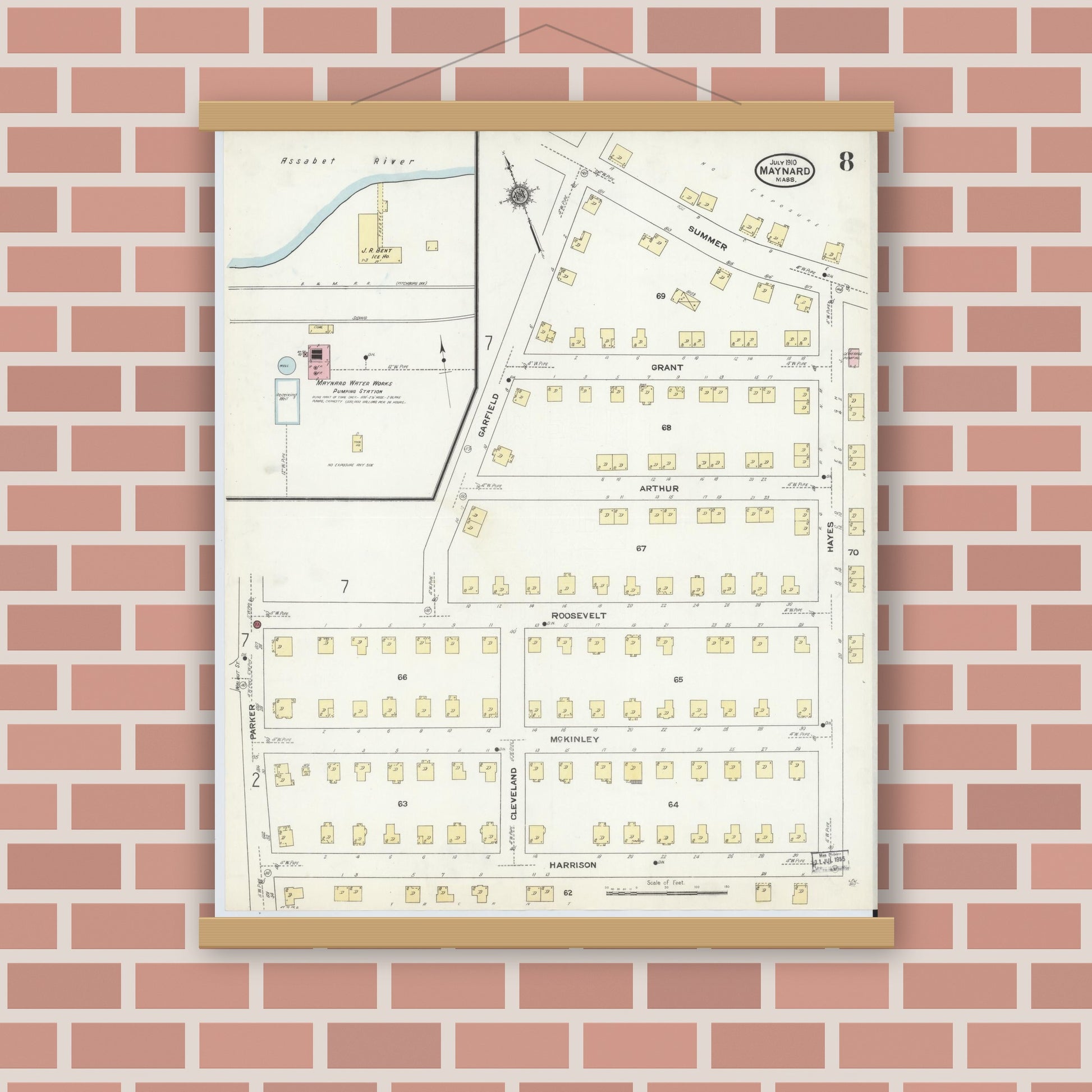 Old map wall art mockup — magnetic wood frame on brick wall — Sanborn Fire Insurance Map from Maynard, Middlesex County, Massachusetts (1910), Sheet #0008