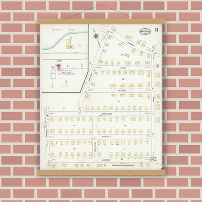 Old map wall art mockup — magnetic wood frame on brick wall — Sanborn Fire Insurance Map from Maynard, Middlesex County, Massachusetts (1910), Sheet #0008