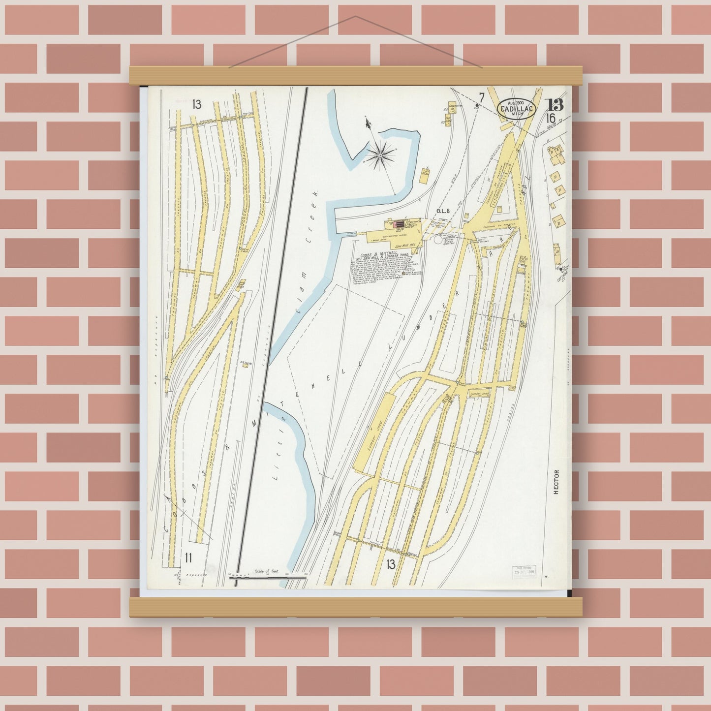 Old map wall art mockup — magnetic wood frame on brick wall — Sanborn Fire Insurance Map from Cadillac, Wexford County, Michigan (1900), Sheet #0013