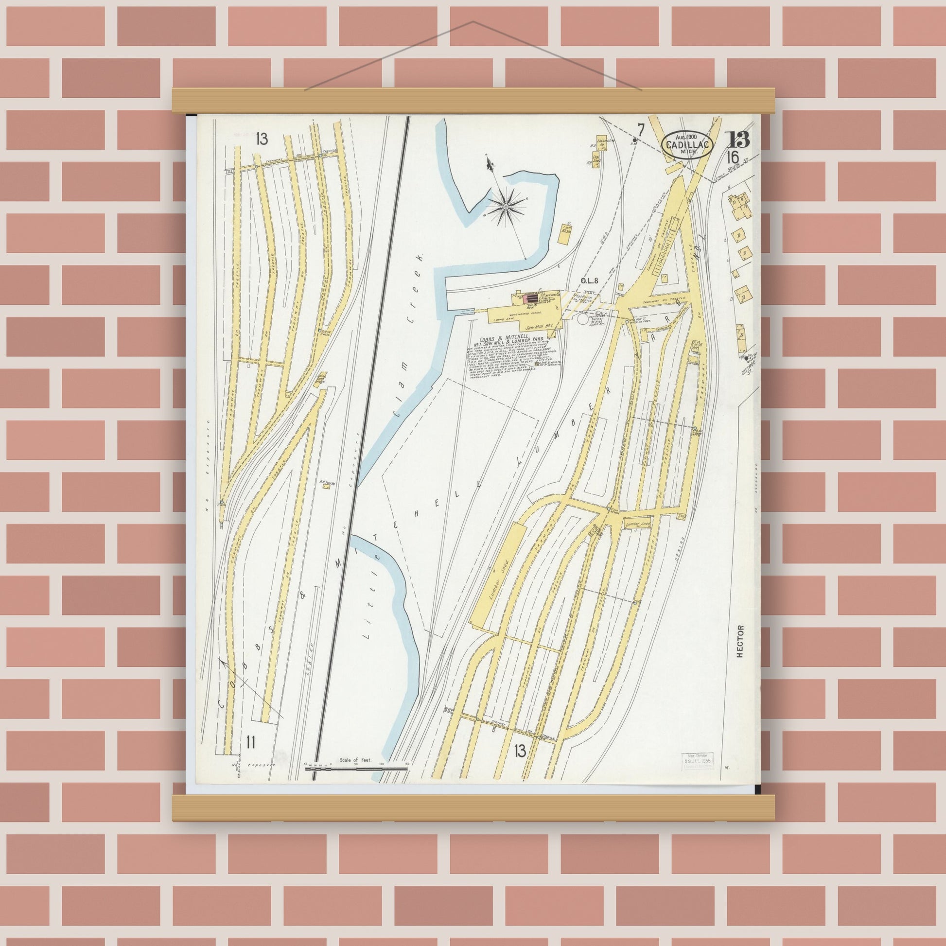Old map wall art mockup — magnetic wood frame on brick wall — Sanborn Fire Insurance Map from Cadillac, Wexford County, Michigan (1900), Sheet #0013