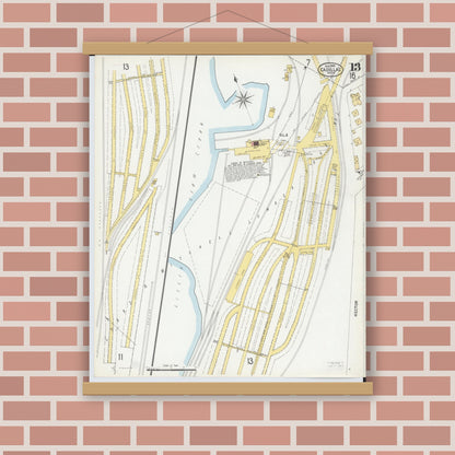 Old map wall art mockup — magnetic wood frame on brick wall — Sanborn Fire Insurance Map from Cadillac, Wexford County, Michigan (1900), Sheet #0013