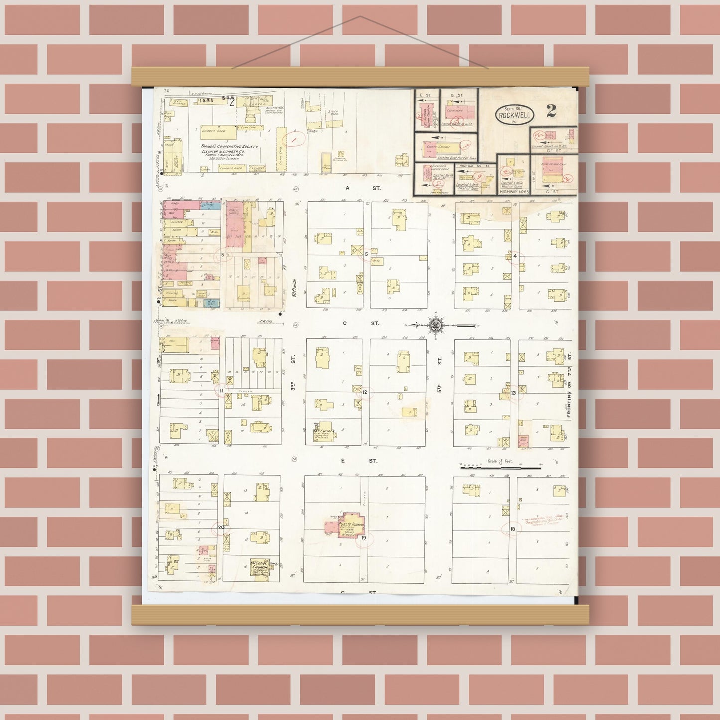 Old map wall art mockup — magnetic wood frame on brick wall — Sanborn Fire Insurance Map from Rockwell, Cerro Gordo County, Iowa (1932), Sheet #0002