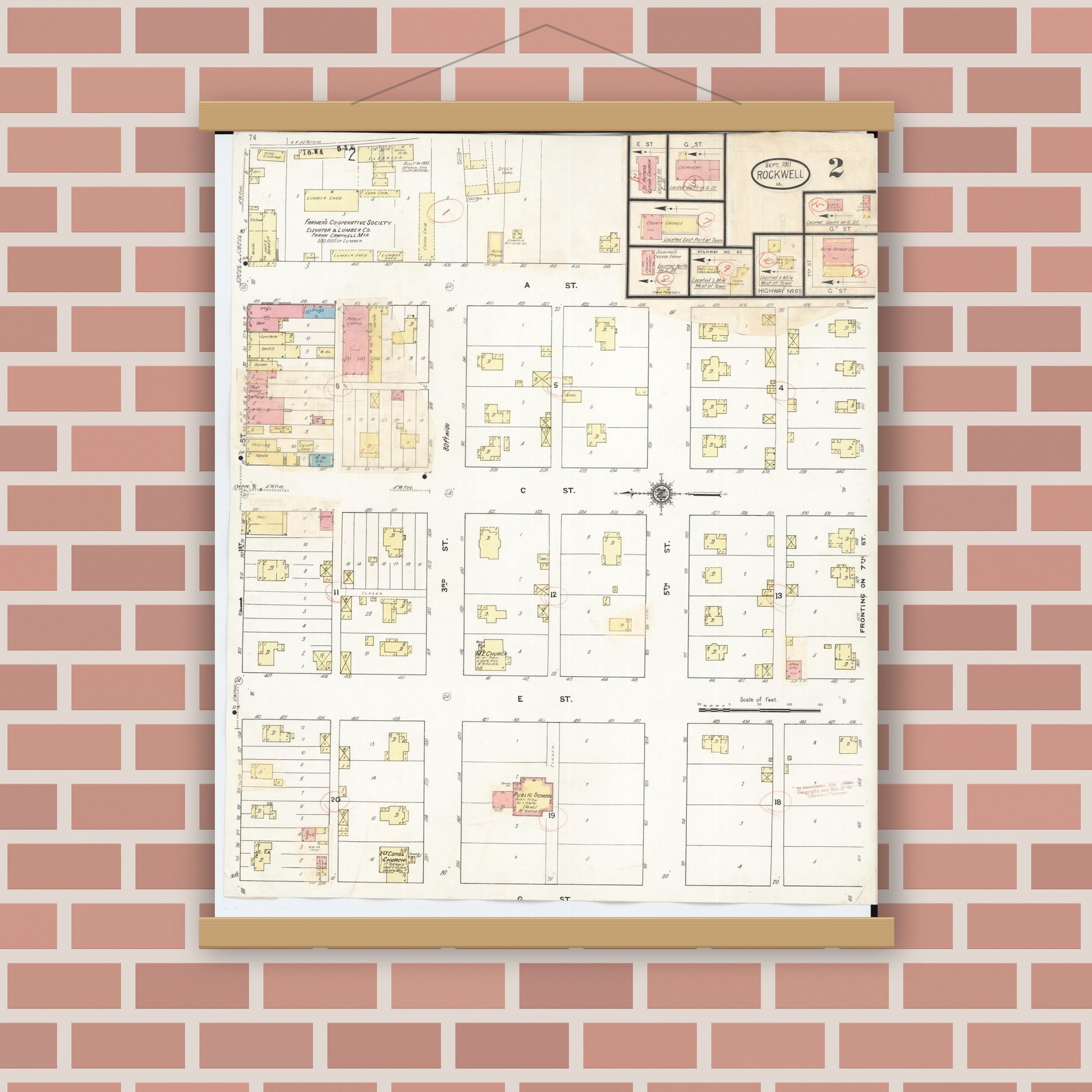 Old map wall art mockup — magnetic wood frame on brick wall — Sanborn Fire Insurance Map from Rockwell, Cerro Gordo County, Iowa (1932), Sheet #0002