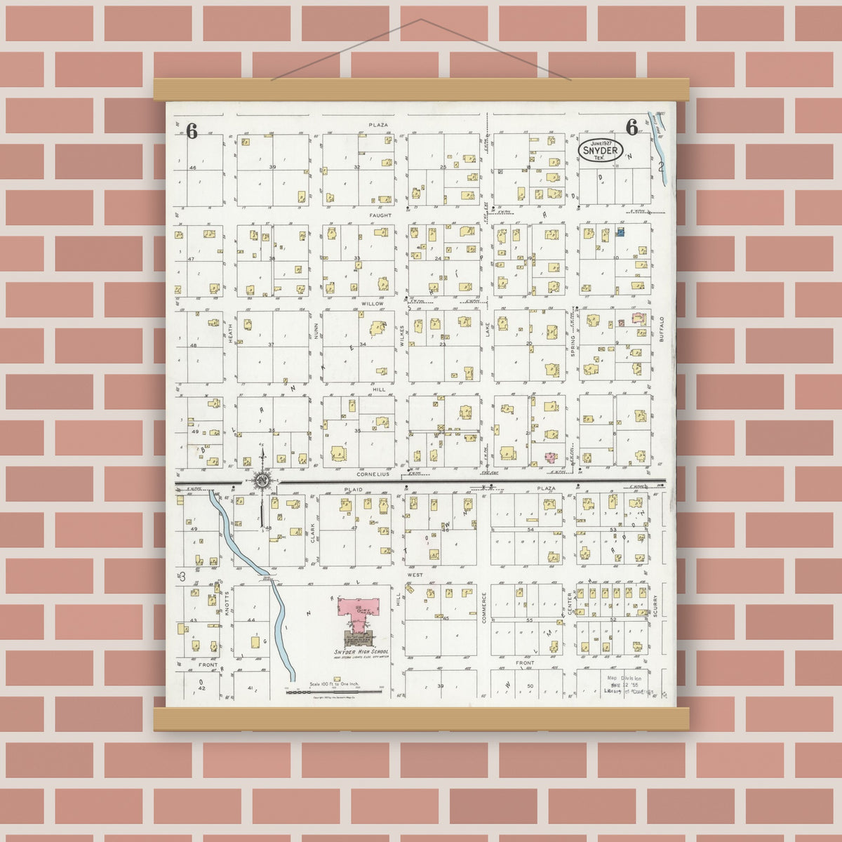 Old map wall art mockup — magnetic wood frame on brick wall — Sanborn Fire Insurance Map from Snyder, Scurry County, Texas (1927), Sheet #0006