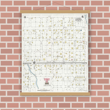 Old map wall art mockup — magnetic wood frame on brick wall — Sanborn Fire Insurance Map from Snyder, Scurry County, Texas (1927), Sheet #0006