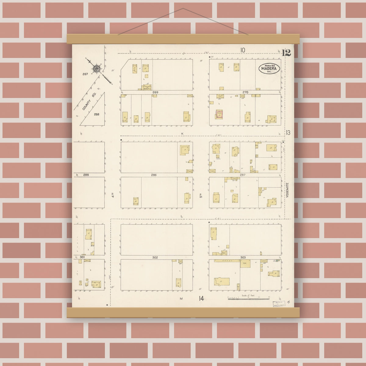 Old map wall art mockup — magnetic wood frame on brick wall — Sanborn Fire Insurance Map from Madera, Madera County, California (1912), Sheet #0012