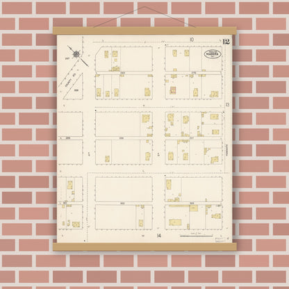 Old map wall art mockup — magnetic wood frame on brick wall — Sanborn Fire Insurance Map from Madera, Madera County, California (1912), Sheet #0012