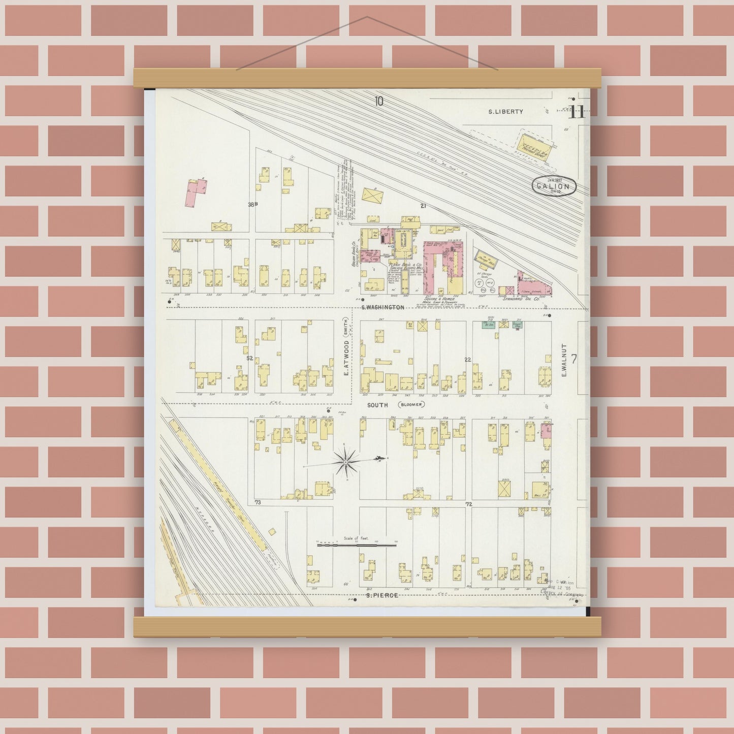 Old map wall art mockup — magnetic wood frame on brick wall — Sanborn Fire Insurance Map from Galion, Crawford County, Ohio (1897), Sheet #0011