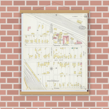 Old map wall art mockup — magnetic wood frame on brick wall — Sanborn Fire Insurance Map from Galion, Crawford County, Ohio (1897), Sheet #0011