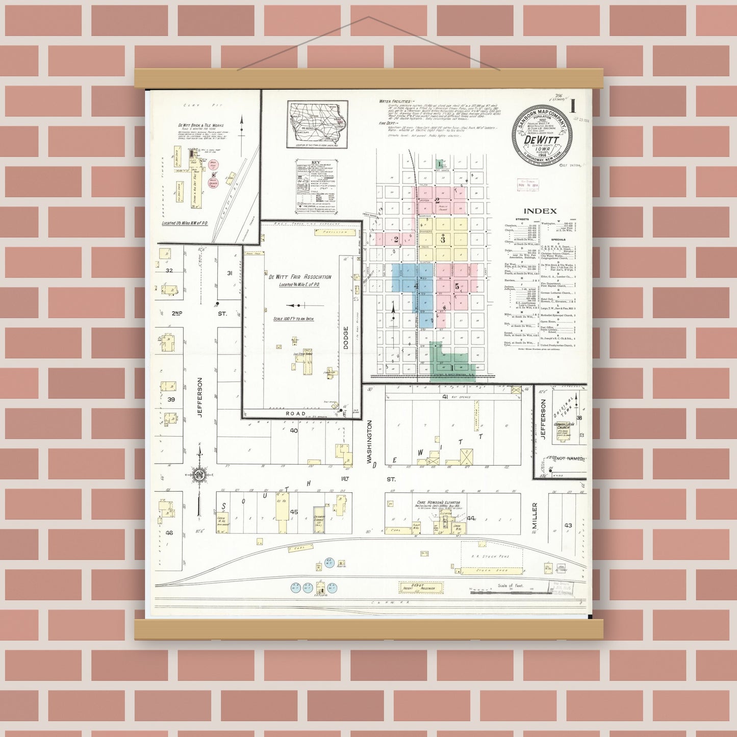 Old map wall art mockup — magnetic wood frame on brick wall — Sanborn Fire Insurance Map from De Witt, Clinton County, Iowa (1914) â€” Complete Set