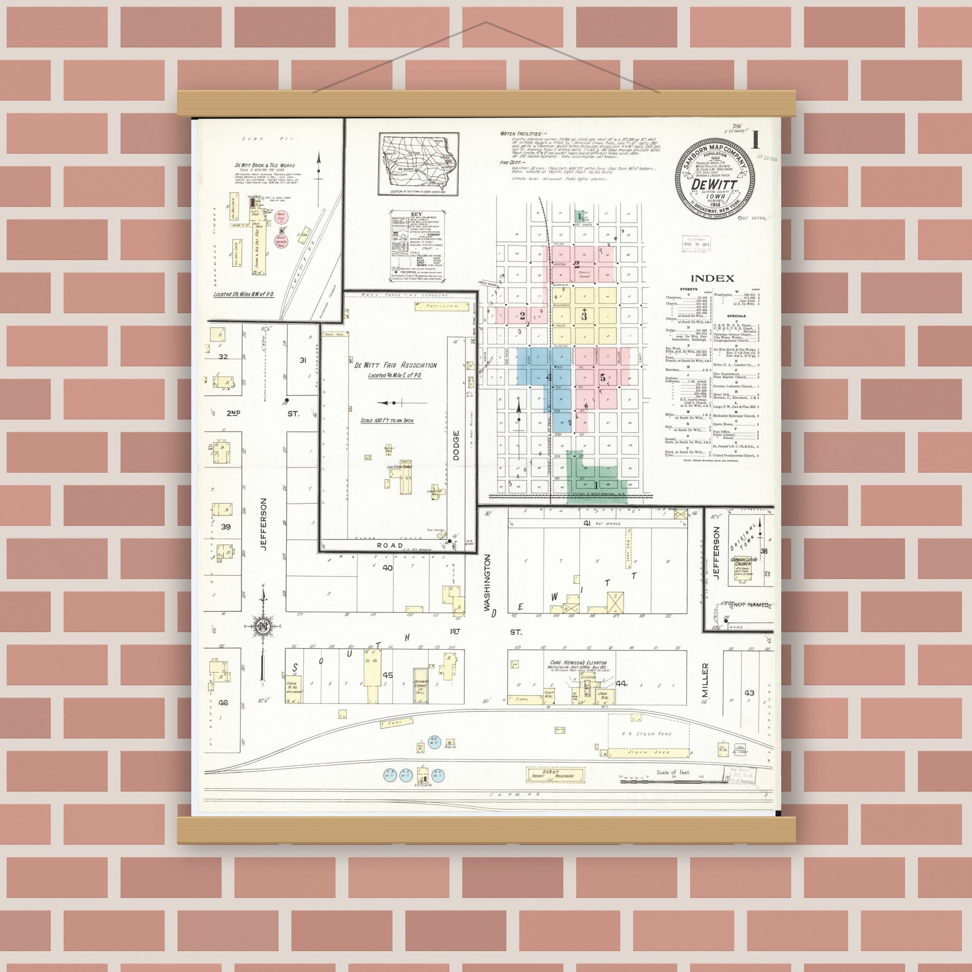 Old map wall art mockup — magnetic wood frame on brick wall — Sanborn Fire Insurance Map from De Witt, Clinton County, Iowa (1914) â€” Complete Set