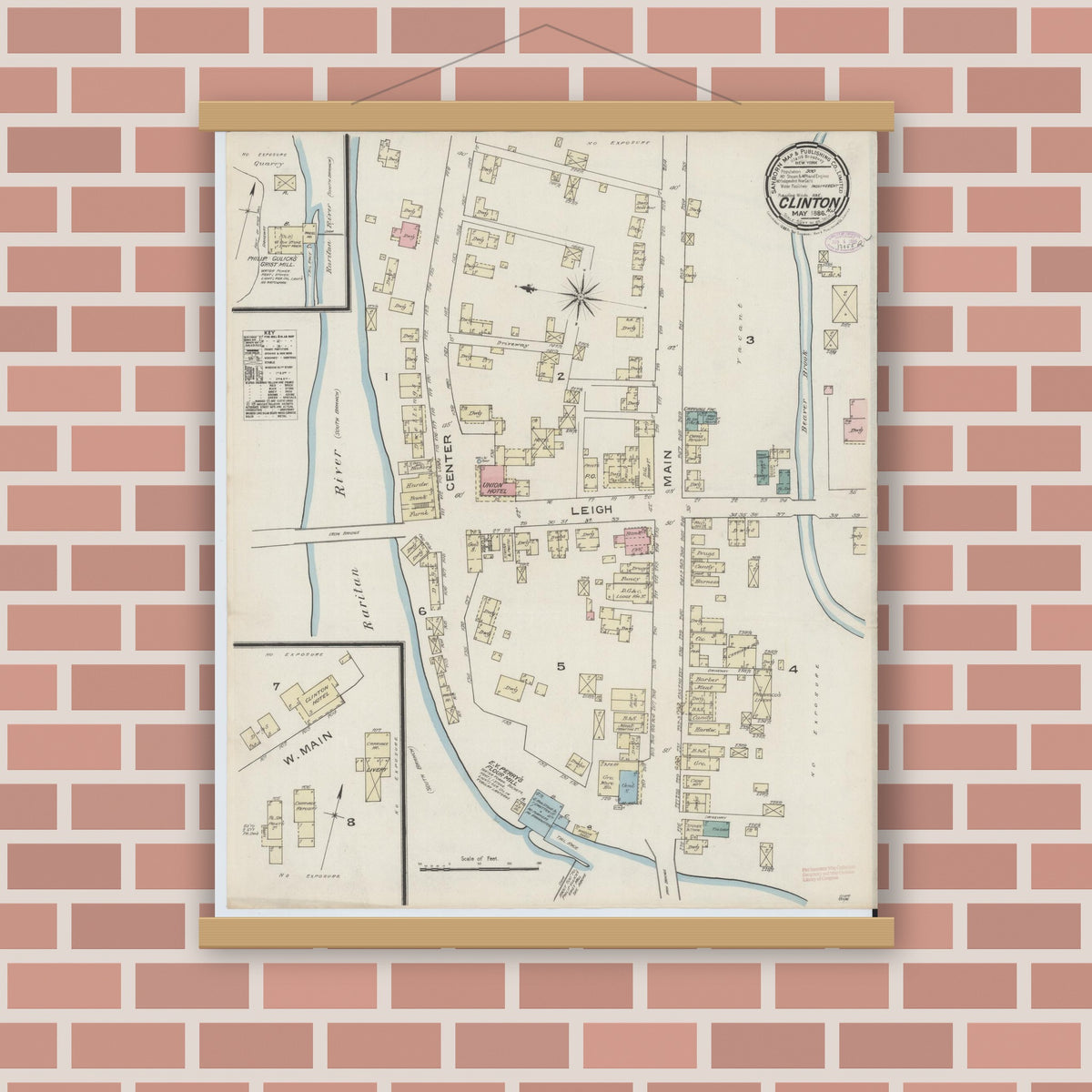 Old map wall art mockup — magnetic wood frame on brick wall — Sanborn Fire Insurance Map from Clinton, Hunterdon County, New Jersey (1886), Sheet #0001