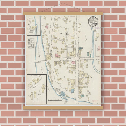 Old map wall art mockup — magnetic wood frame on brick wall — Sanborn Fire Insurance Map from Clinton, Hunterdon County, New Jersey (1886), Sheet #0001