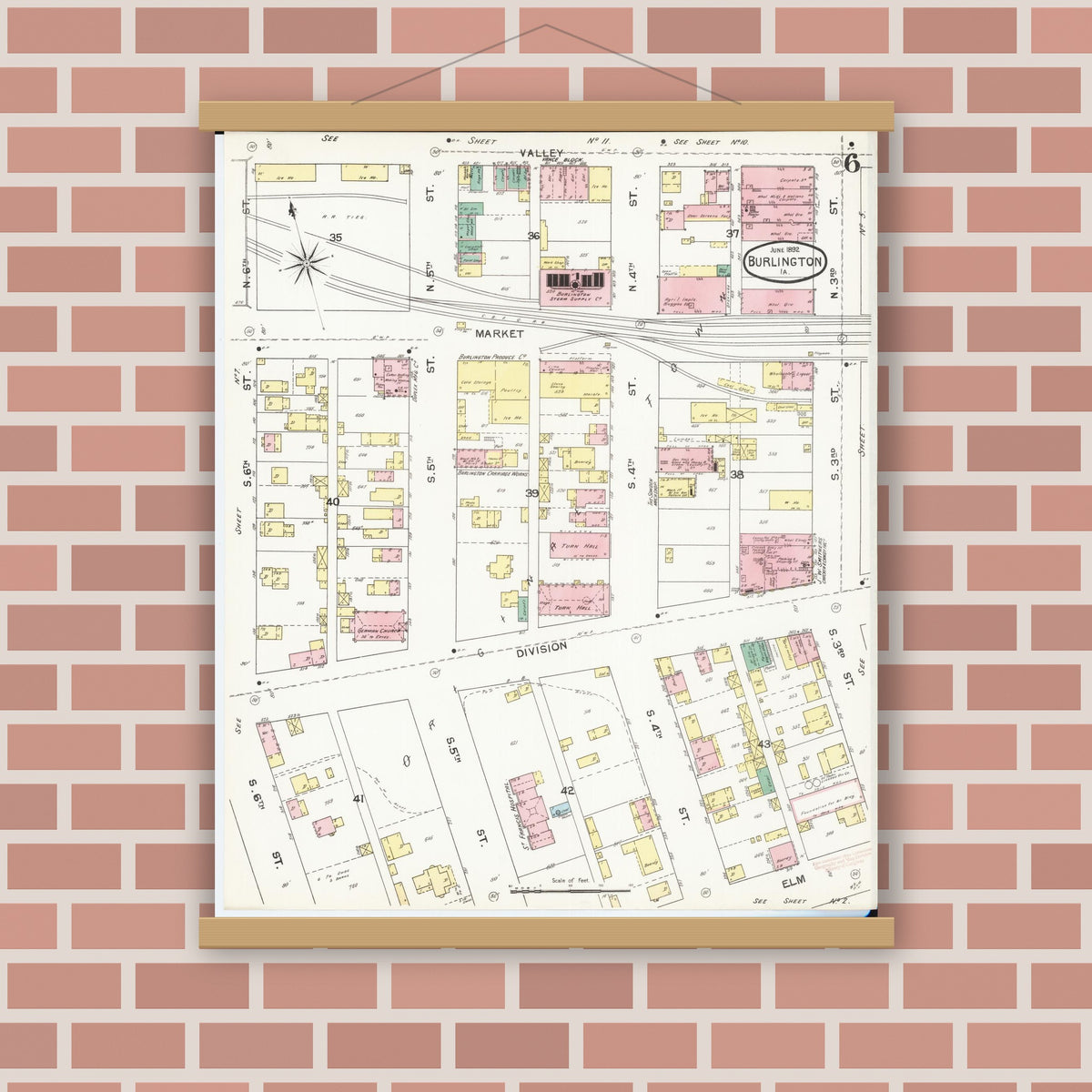 Old map wall art mockup — magnetic wood frame on brick wall — Sanborn Fire Insurance Map from Burlington, Des Moines County, Iowa (1892), Sheet #0006