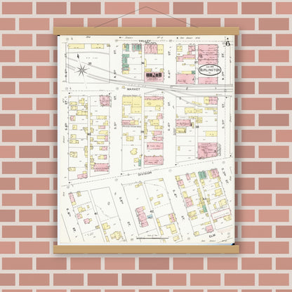 Old map wall art mockup — magnetic wood frame on brick wall — Sanborn Fire Insurance Map from Burlington, Des Moines County, Iowa (1892), Sheet #0006