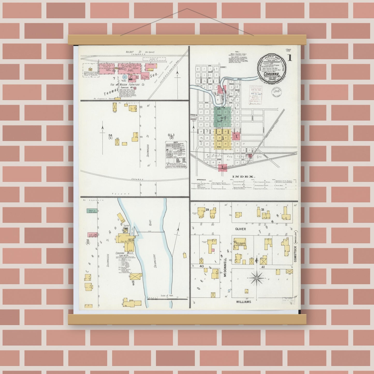 Old map wall art mockup — magnetic wood frame on brick wall — Sanborn Fire Insurance Map from Corunna, Shiawassee County, Michigan (1900) - Complete Map Set