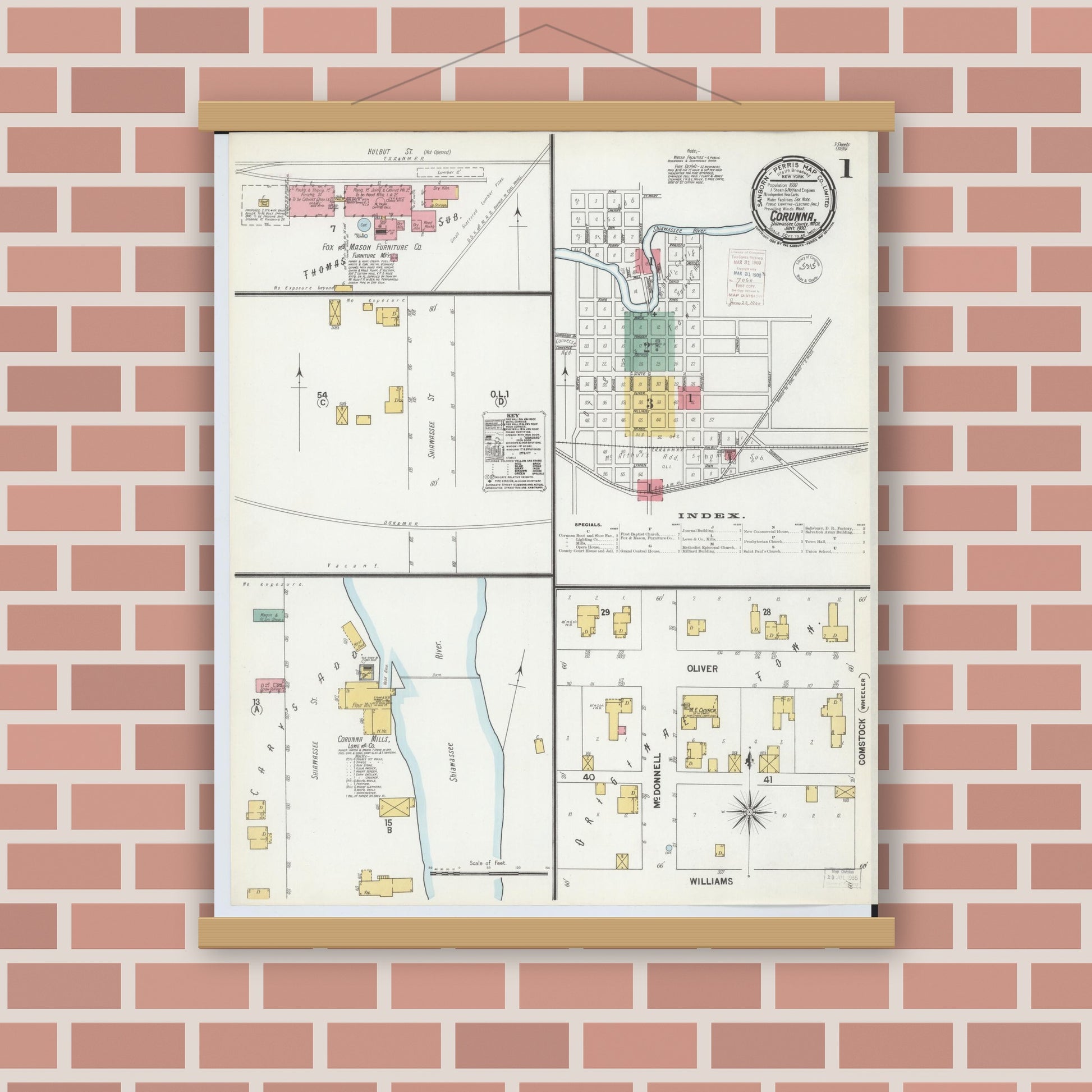 Old map wall art mockup — magnetic wood frame on brick wall — Sanborn Fire Insurance Map from Corunna, Shiawassee County, Michigan (1900) - Complete Map Set