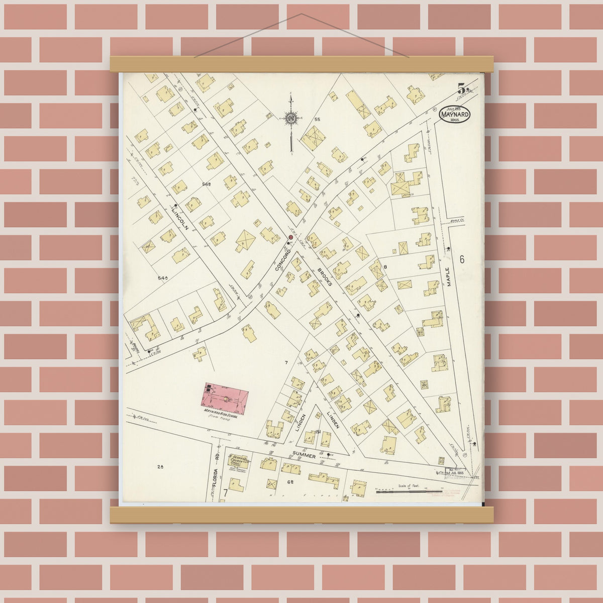 Old map wall art mockup — magnetic wood frame on brick wall — Sanborn Fire Insurance Map from Maynard, Middlesex County, Massachusetts (1915), Sheet #0005