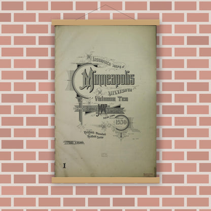 Old map wall art mockup — magnetic wood frame on brick wall — Sanborn Fire Insurance Map from Minneapolis, Hennepin County, Minnesota (1930), Sheet #0001