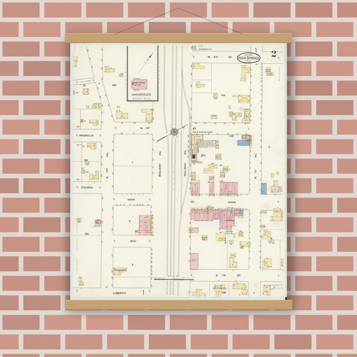 Old map wall art mockup — magnetic wood frame on brick wall — Sanborn Fire Insurance Map from High Springs, Alachua County, Florida (1913), Sheet #0002