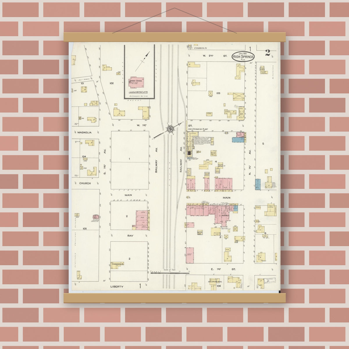 Old map wall art mockup — magnetic wood frame on brick wall — Sanborn Fire Insurance Map from High Springs, Alachua County, Florida (1913), Sheet #0002