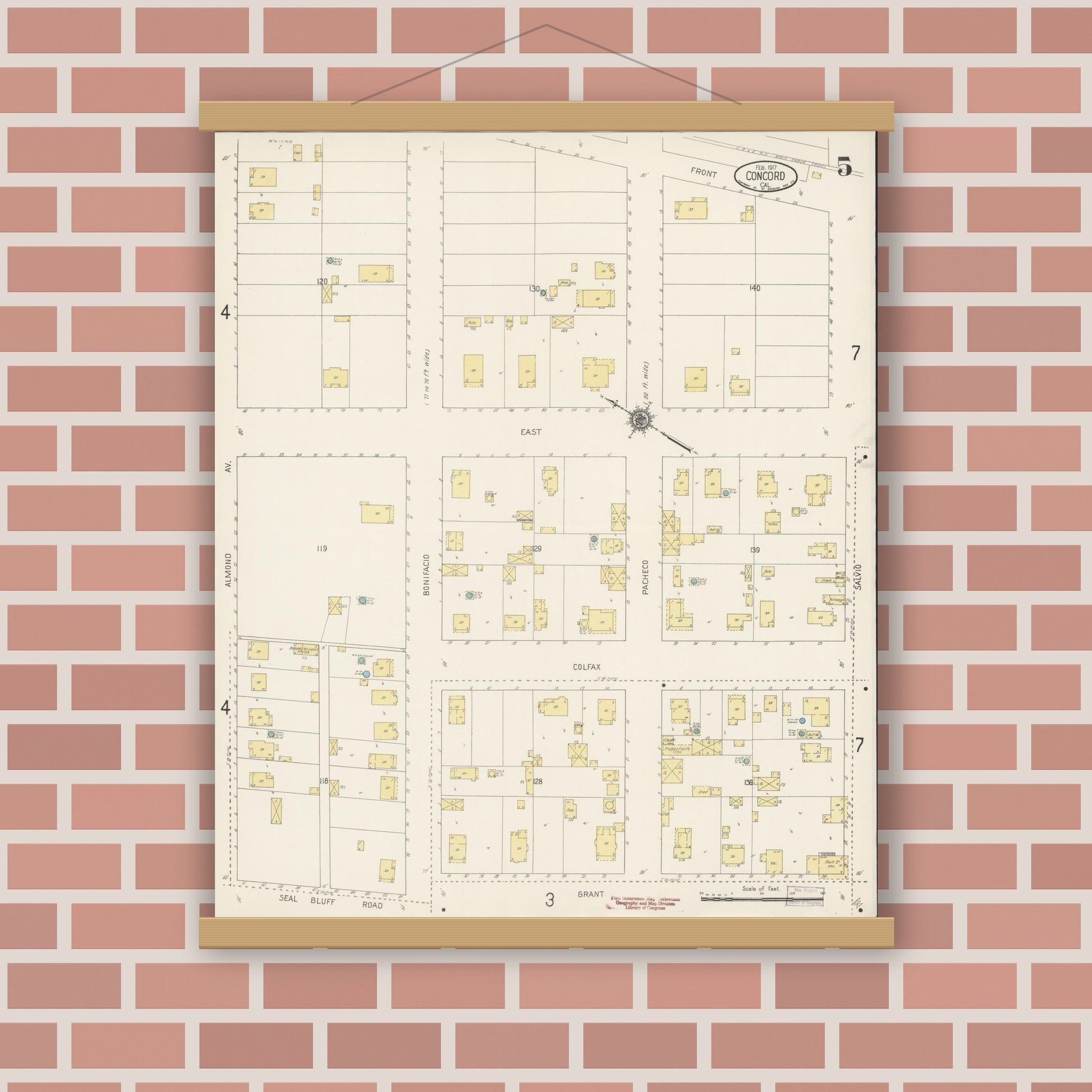 Old map wall art mockup — magnetic wood frame on brick wall — Sanborn Fire Insurance Map from Concord, Contra Costa County, California (1917), Sheet #0005