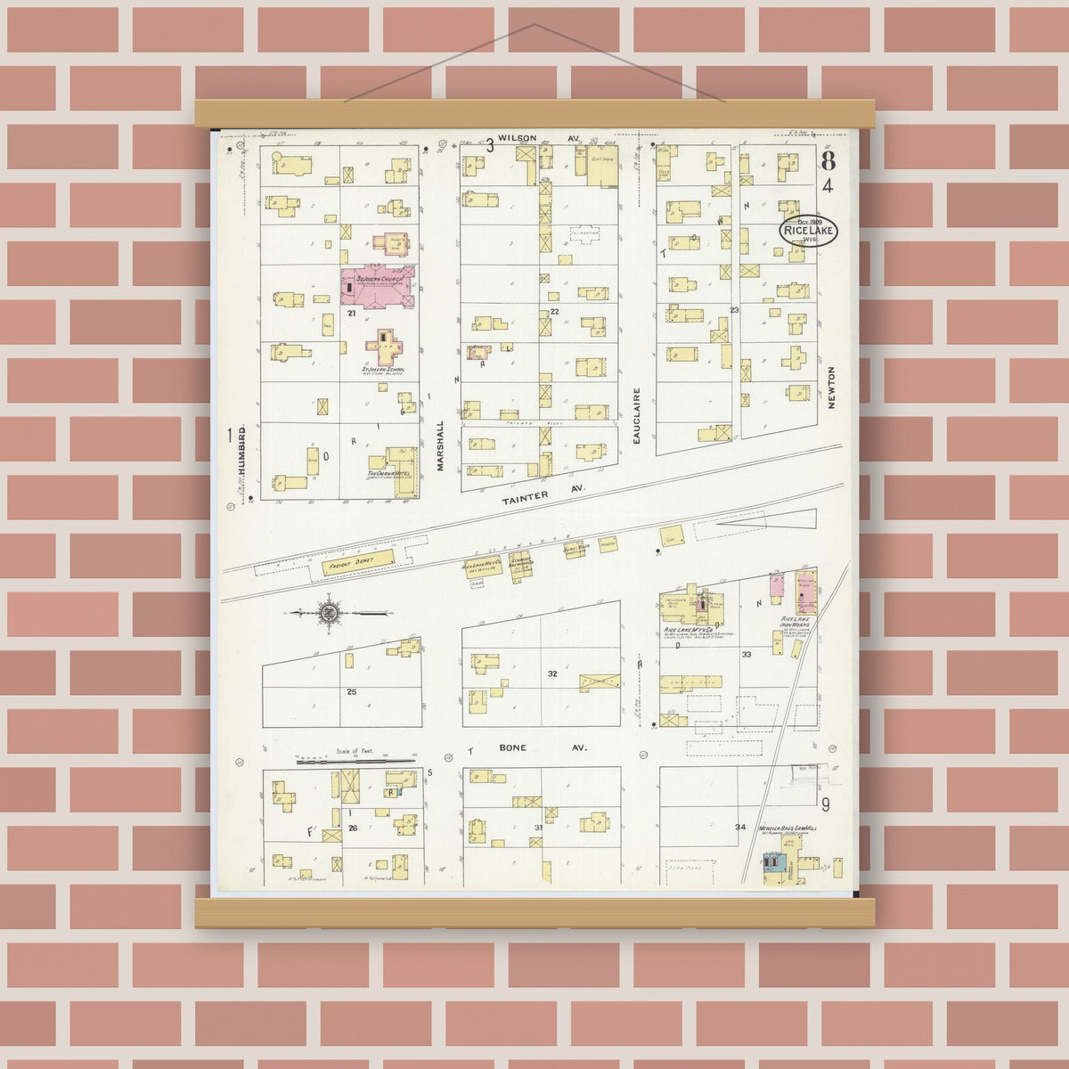 Old map wall art mockup — magnetic wood frame on brick wall — Sanborn Fire Insurance Map from Rice Lake, Barron County, Wisconsin (1909), Sheet #0008