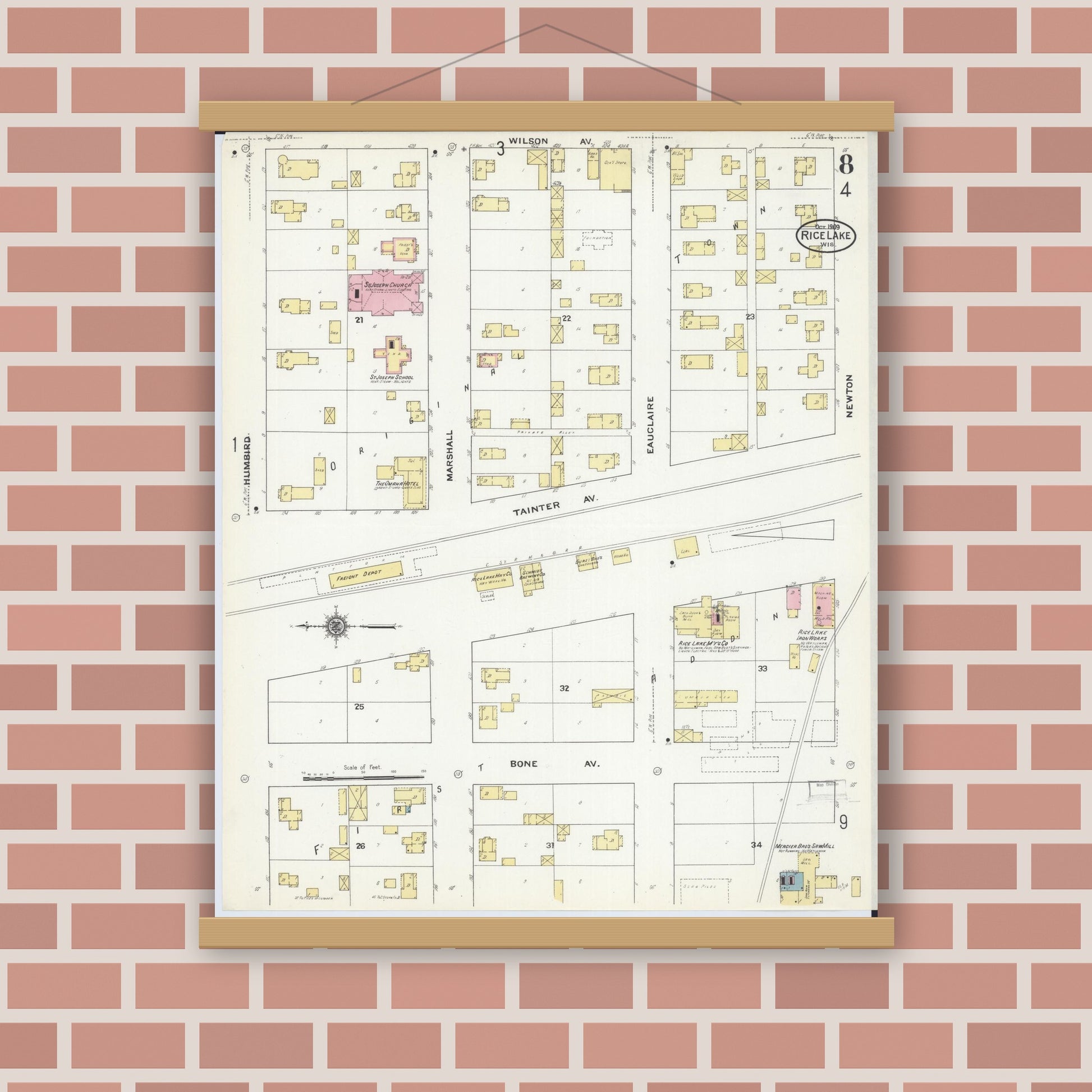 Old map wall art mockup — magnetic wood frame on brick wall — Sanborn Fire Insurance Map from Rice Lake, Barron County, Wisconsin (1909), Sheet #0008