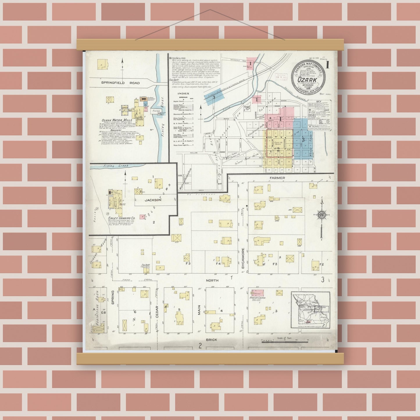 Old map wall art mockup — magnetic wood frame on brick wall — Sanborn Fire Insurance Map from Ozark, Christian County, Missouri (1914) - Complete Map Set