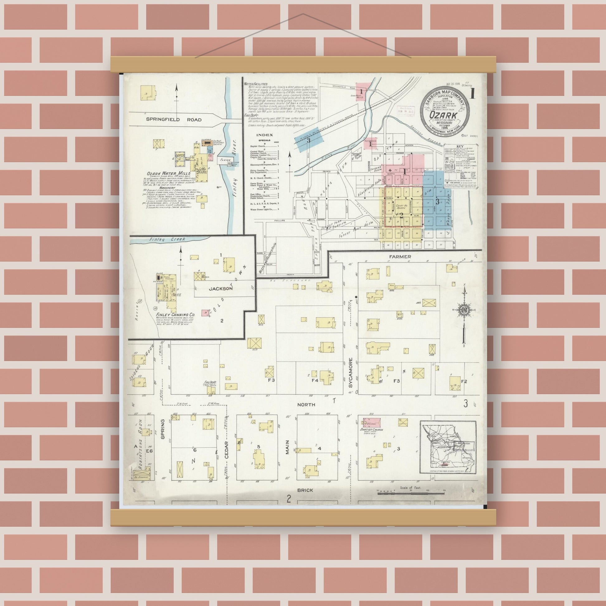 Old map wall art mockup — magnetic wood frame on brick wall — Sanborn Fire Insurance Map from Ozark, Christian County, Missouri (1914) - Complete Map Set