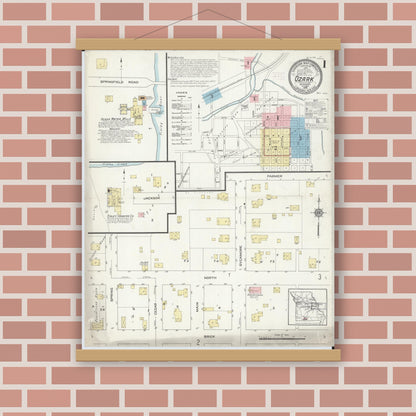 Old map wall art mockup — magnetic wood frame on brick wall — Sanborn Fire Insurance Map from Ozark, Christian County, Missouri (1914) - Complete Map Set