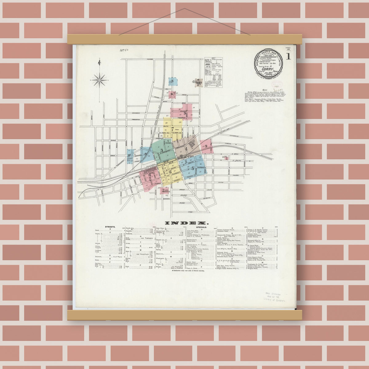 Old map wall art mockup — magnetic wood frame on brick wall — Sanborn Fire Insurance Map from Corry, Erie County, Pennsylvania (1897) - Complete Map Set