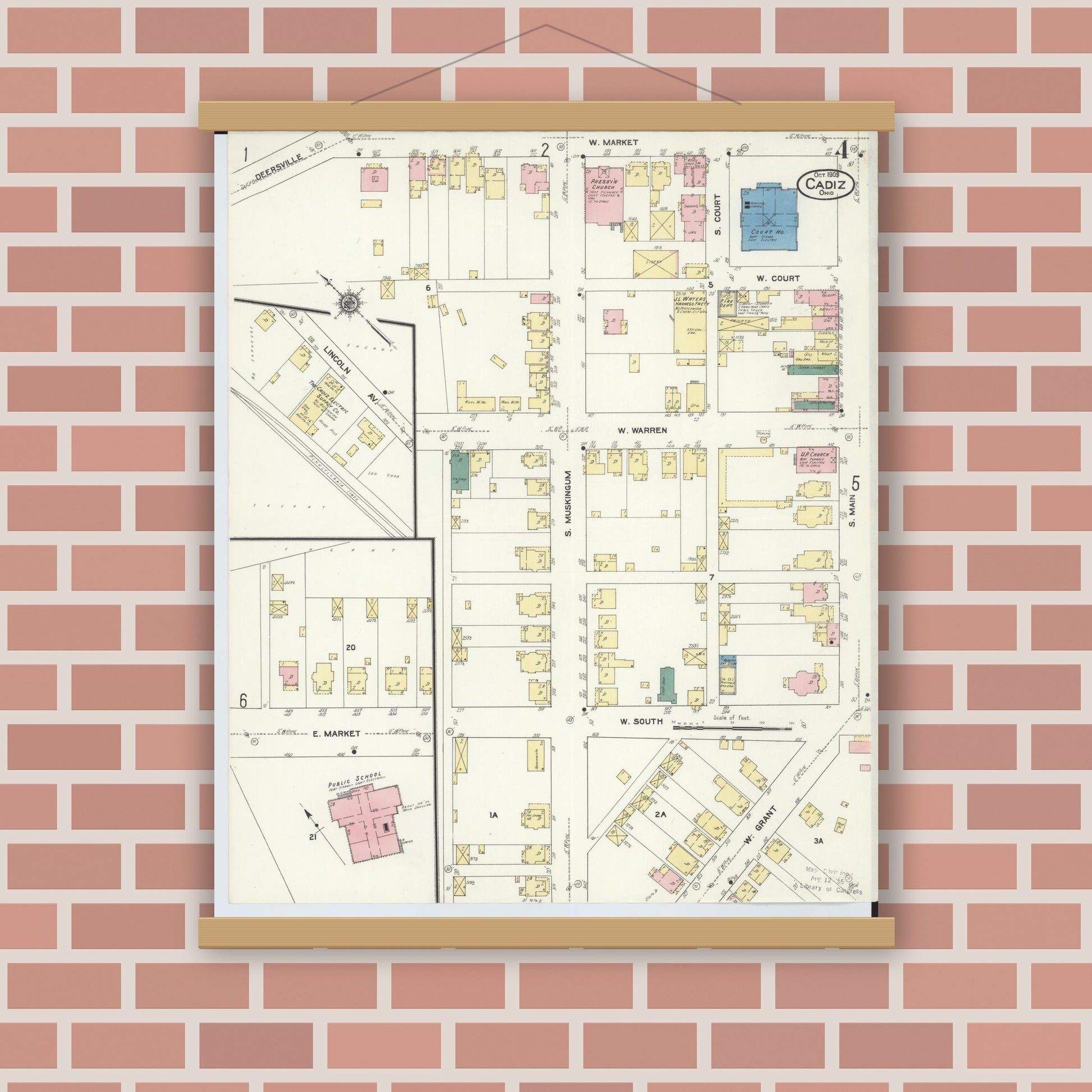Old map wall art mockup — magnetic wood frame on brick wall — Sanborn Fire Insurance Map from Cadiz, Harrison County, Ohio (1909), Sheet #0004